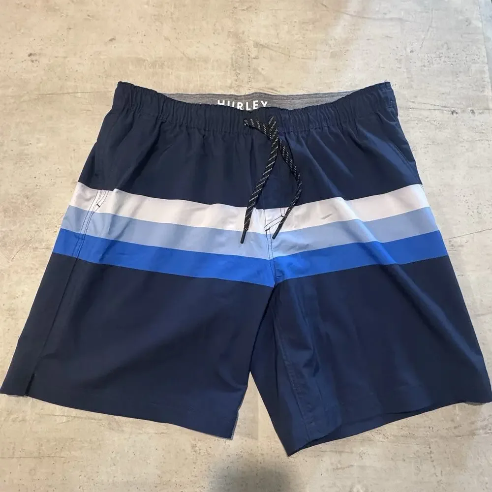 Hurley Swim Shorts Mens XXL Blue Stripe Trunks Lined Quick Dry Beach